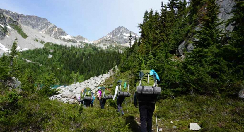 a group of people carrying backpacks hike through a green clearing. There are mountains in the background. 